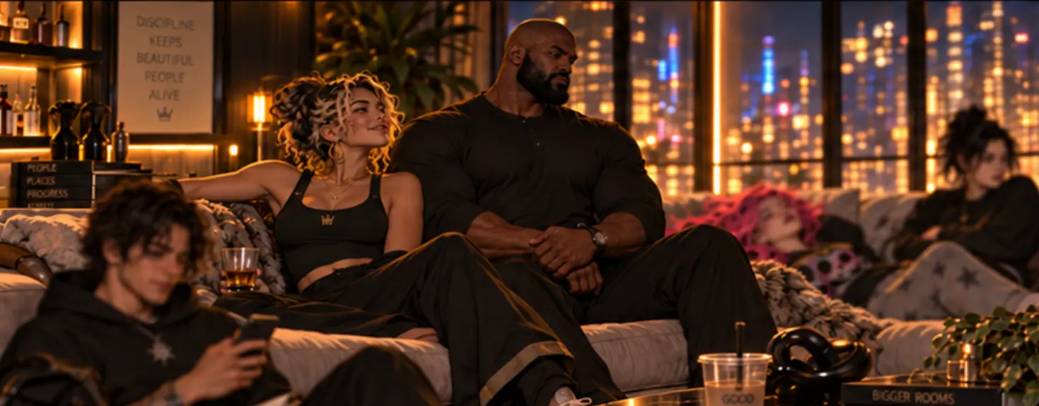 Brickz sits beside Boom Boom on the penthouse couch.