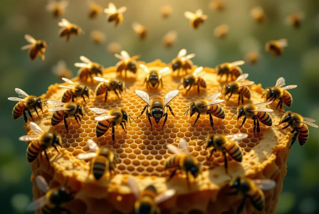 A detailed, stylized cross-section of a beehive, with the queen bee clearly central and surrounded by worker bees each performing specific tasks in alignment. The scene radiates order, function, and collective focus—no chaos, only purpose. 3:2 ratio, digital illustration.