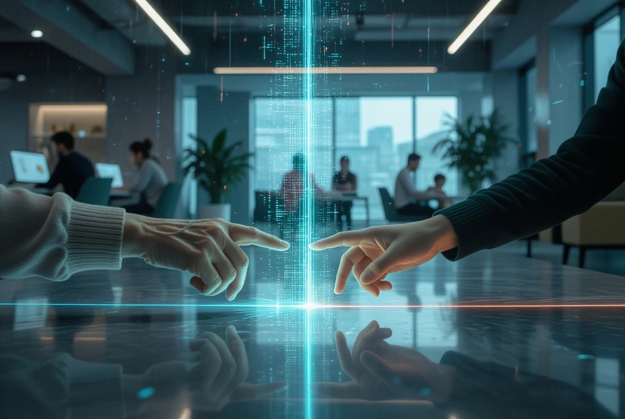 Hands Touching Glowing Holographic Boundary