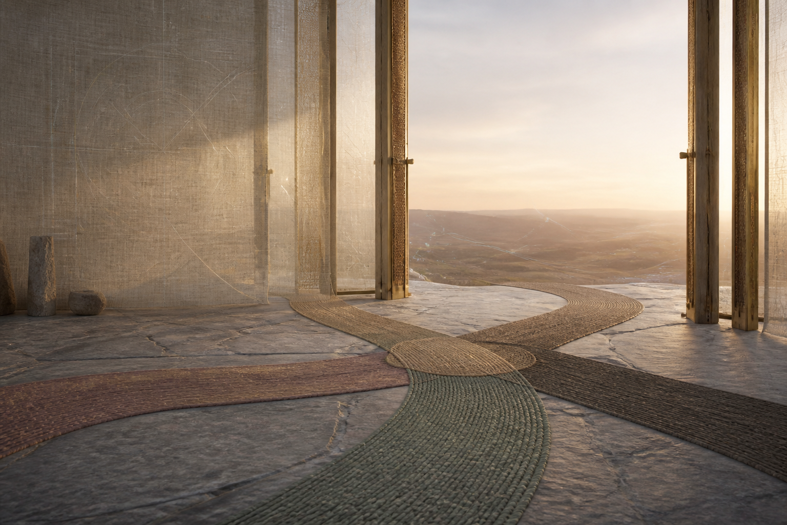 Four woven paths meeting at an open threshold in warm morning light